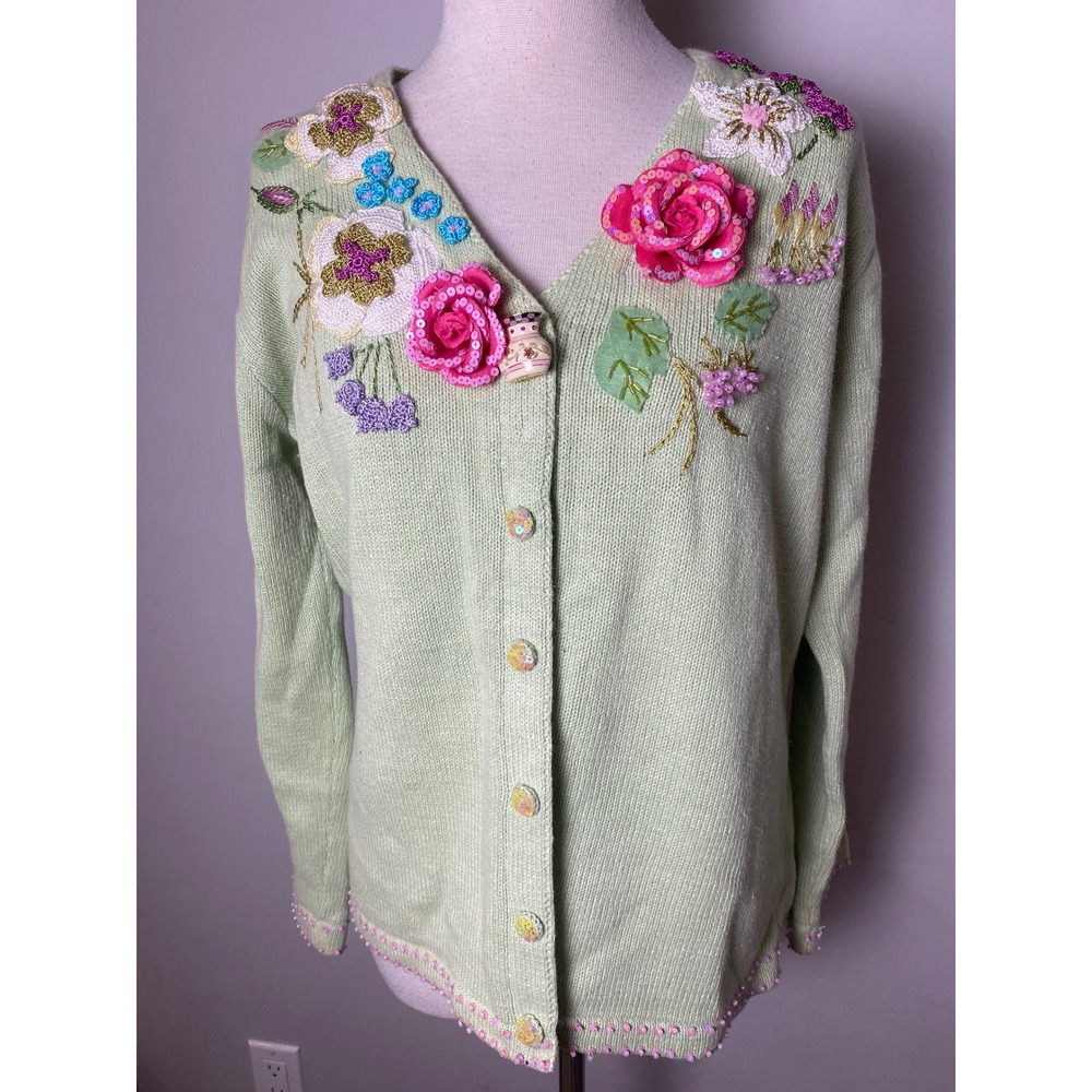 Vintage Storybook Knits Floral Green Embroidered Beaded Cardigan Sweater Flowers